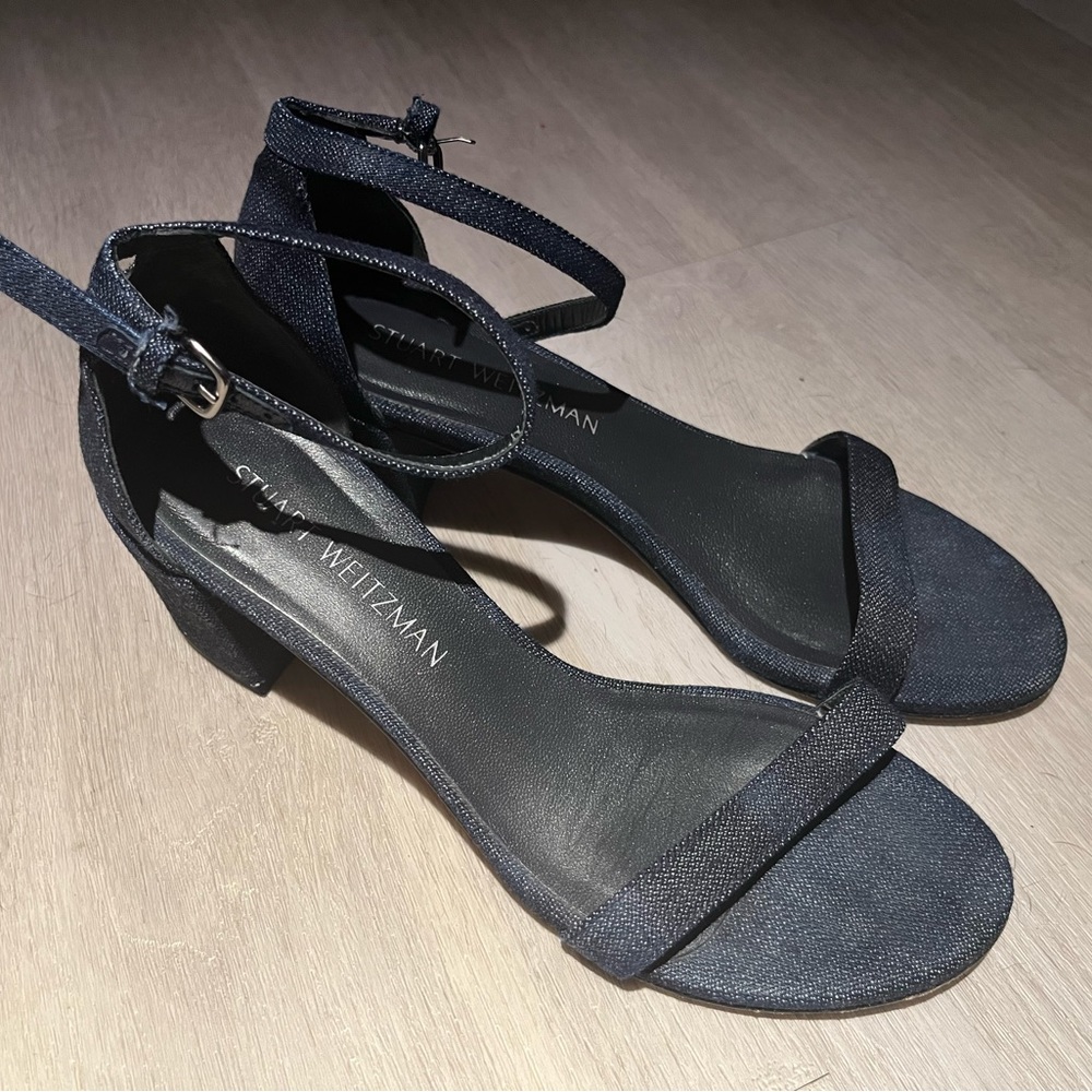 EUC Stuart Weitzman Dark Blue Denim Block Heel Sandals US6.5